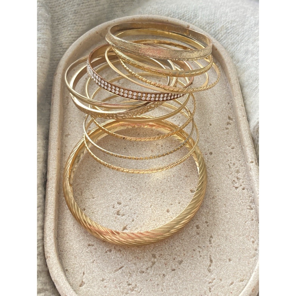 Gold Tone Bangle Bracelet Set Of 13 Lot Textured Rhinestone Mixed Stack Layering